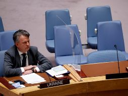 En la imagen, el representante de Ucrania en la ONU, Sergiy Kyslytsya, dando su discurso sobre las acciones de Rusia. EFE / J. Szenes