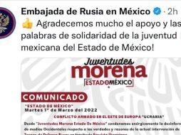 El comunicado de apoyo a Rusia fue firmado por Juventudes Morena del Estado de México. ESPECIAL