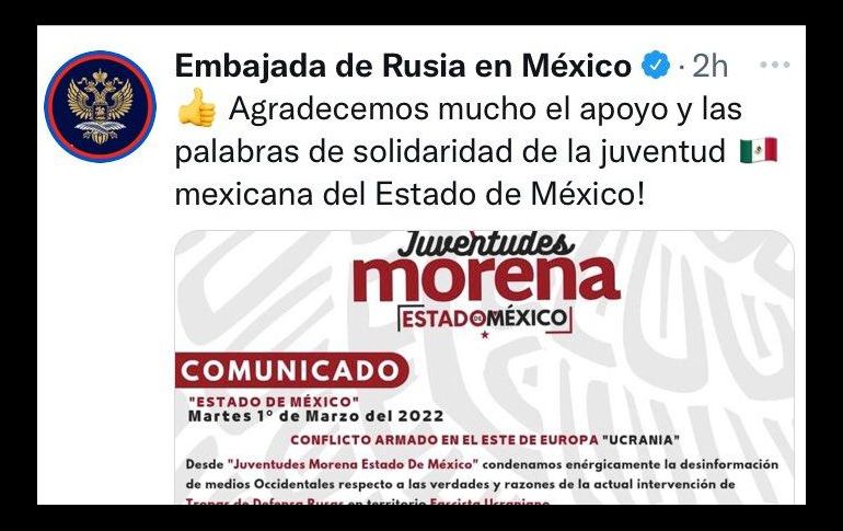 El comunicado de apoyo a Rusia fue firmado por Juventudes Morena del Estado de México. ESPECIAL