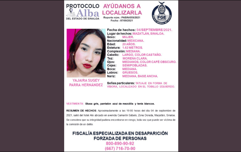 La joven Yajaira Sugey Parra Hernández, de 20 años de edad, desapareció en su visita a Mazatlán junto con un amigo hace siete meses. TWITTER / @cjmsinaloa