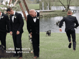 El lago al fondo resultó una tentación a la que el padrino canino no pudo resistirse. TIKTOK: @alexsimonproductions