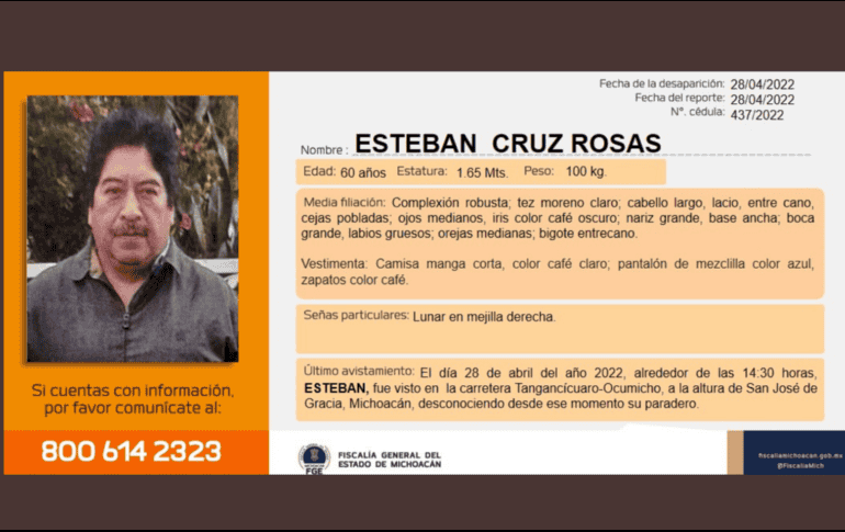 Cruz Rosas fue visto por última vez en el tramo carretero Ocumicho-Tangancícuaro, a la altura de San José de Gracia, municipio de Marcos Castellanos. TWITTER / @FiscaliaMich