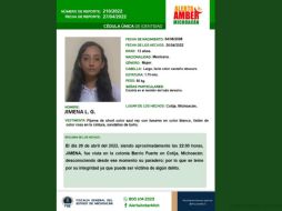 Jimena, la niña de 13 años de edad que desapareció el pasado 26 de abril en el municipio de Cotija, Michoacán, fue sacada de su casa con amenazas y extorsión. Se desconoce su paradero. TWITTER / @AlertaAmberMich