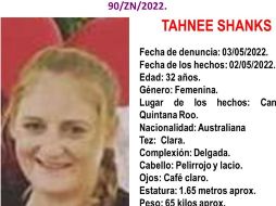 La joven de 32 años es de tez clara, complexión delgada, cabello pelirrojo y lacio, ojos café claro, mide 1.65 y pesa 65 kilos. TWITTER/@FGEQuintanaRoo