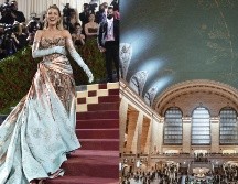 El estampado azul en la falda del vestido Versace que Blake Lively llevó a la Met Gala 2022 está inspirado en la constelación del techo de la Grand Central Station. AP/ Evan Agostini, UNSPLASH/ Mathias Arlund