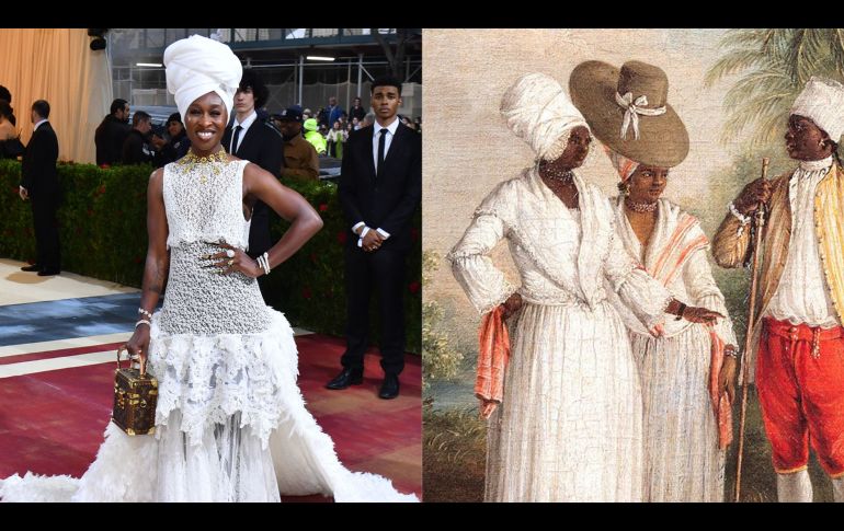 Cynthia Erivo rindió homenaje a una parte de la cultura afroamericana, representando a través de su atuendo el famoso cuadro de Agostino Brunias. AFP/ Angela Weiss
