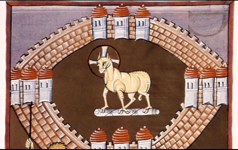 «También vi que descendía del cielo, desde donde está Dios, la ciudad santa, la nueva Jerusalén». WIKIMEDIA/Folio 55 del Apocalipsis de Bamberg