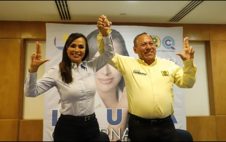 Jesús Zambrano posa acompañado de la candidata a la gubernatura de Quintana Roo, Laura Fernández. TWITTER/@Jesus_ZambranoG