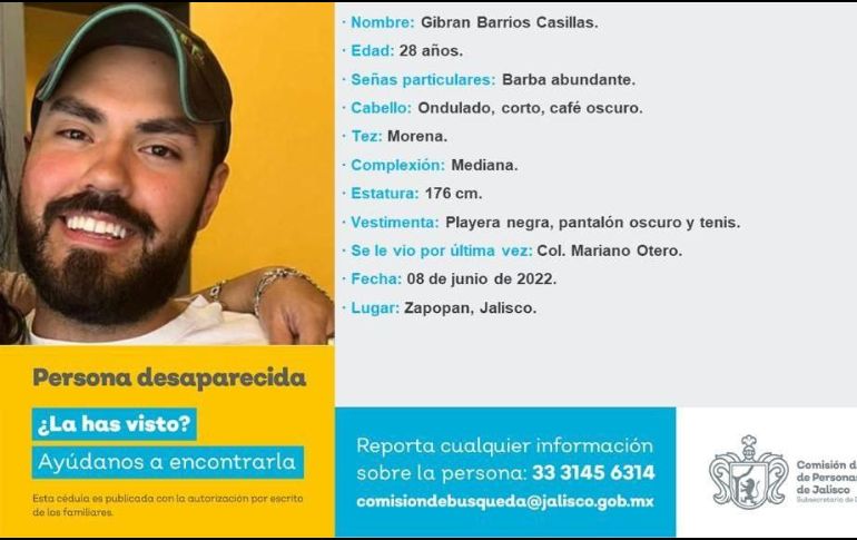 Gibrán Barrios, de 28 años, fue visto por última vez el pasado 8 de junio en la colonia Las Torres, en Zapopan. Facebook / Comisión de Búsqueda de Personas del Estado de Jalisco
