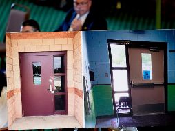Las fotos de las puertas de la Escuela Primaria Robb en Uvalde, Texas, se utilizan mientras el director del Departamento de Seguridad Pública de Texas, Steve McCraw, testifica en una audiencia. AP/E. Gat