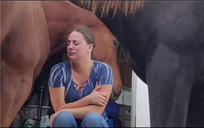 En el video se puede apreciar que la mujer se encuentra sentada en unas escaleras con un semblante triste en medio de dos caballos. ESPECIAL