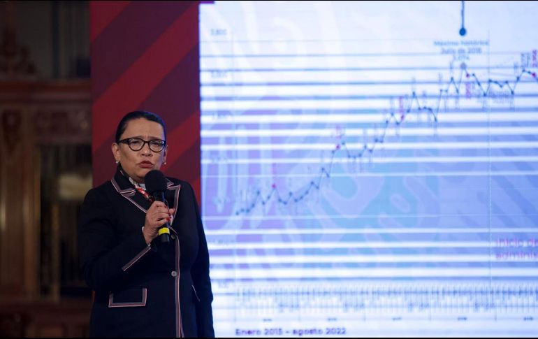 La secretaria de Seguridad y Protección Ciudadana (SSPC), Rosa Icela Rodríguez Velázquez, aseguró que el gobierno federal sigue intensificando la persecución y sanción de la violencia feminicida. SUN / G. Espinosa