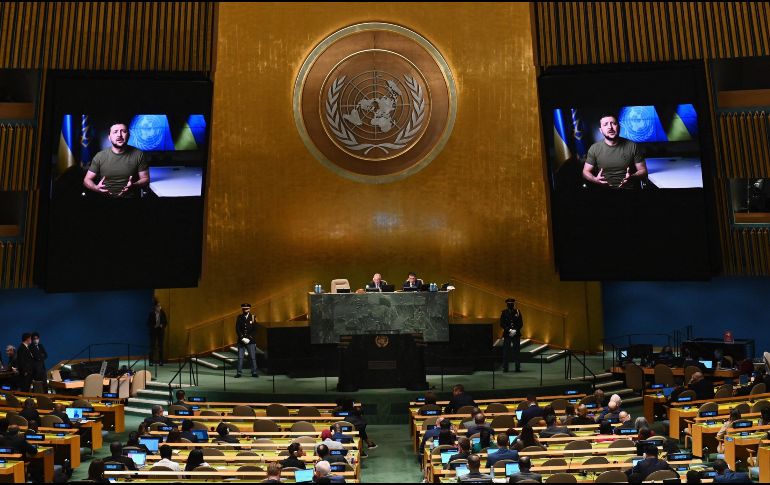 Zelenski s el único líder al que se le permitió ofrecer su discurso vía video ante la ONU. AFP/A. Weiss