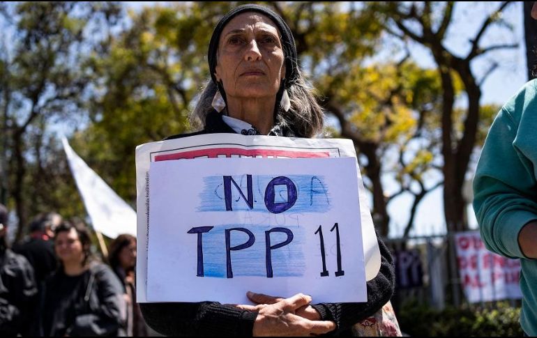 Una manifestante sostiene un cartel con consignas en contra del tratado conocido como TPP-11. AFP/A. Thomassa