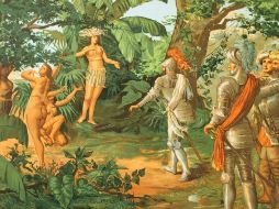 La líder taína Anacaona dándoles la bienvenida a los españoles. Cromolitografía. 