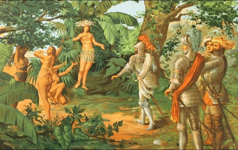 La líder taína Anacaona dándoles la bienvenida a los españoles. Cromolitografía. 