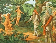 La líder taína Anacaona dándoles la bienvenida a los españoles. Cromolitografía. 