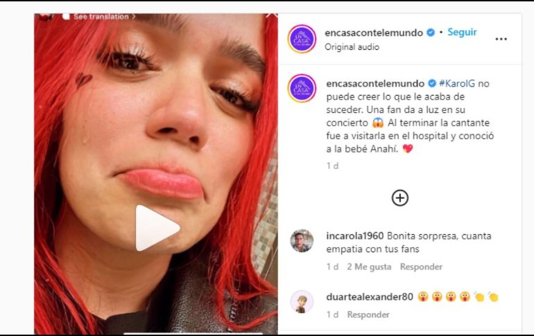 Karol G reacciona ante la labor de parto de una de sus fans durante su concierto. ESPECIAL.