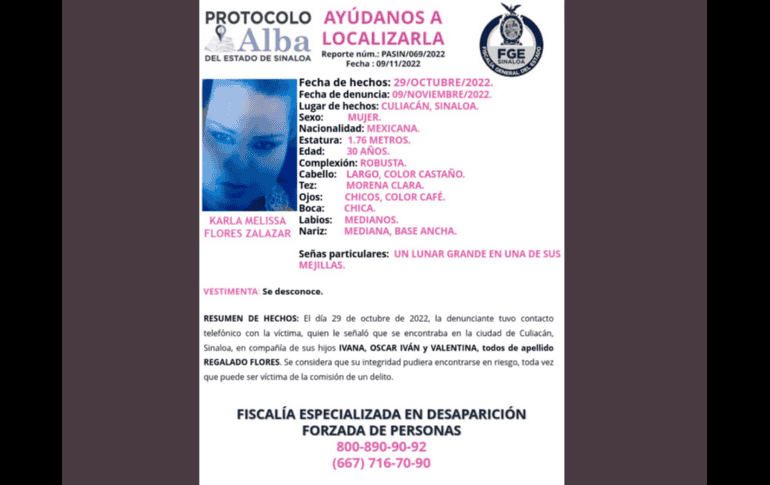Karla Melisa Flores Zalazar, de 30 años, y sus tres pequeños hijos están reportados por familiares como desaparecidos. TWITTER / @FiscaliaSinaloa