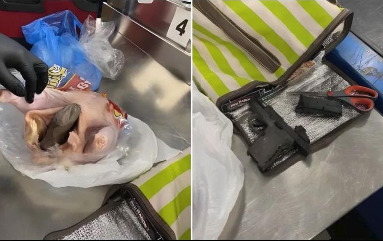 Las imágenes del pollo crudo con la pistola pronto se viralizaron en redes. ESPECIAL/TSA