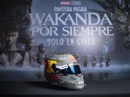 Casco de Checo Pérez inspirado en “Pantera Negra: Wakanda por siempre”. ESPECIAL/THE WALT DISNEY COMPANY.