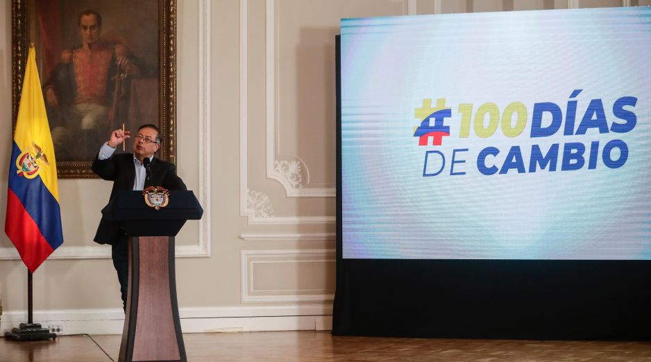 El presidente Gustavo Petro dando su informe de 100 días en el mandato en Colombia. AP/I. VALENCIA