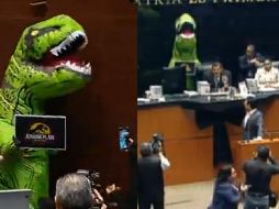 Fue Xóchitl Gálvez, senadora del Partido Acción Nacional (PAN), quien llevaba la botarga dinosaurio y con una mensaje protestando contra el 