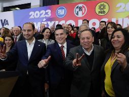 Marko Cortés, Alejandro moreno y Jesús Zambrano, líderes de los tres partidos, realizaron una conferencia de prensa en la que anunciaron las alianzas para las próximas elecciones. SUN / D. Sánchez