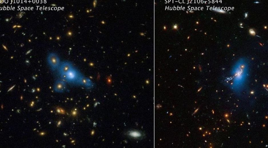 Cúmulos de galaxias MOO J1014+0038 (izq) y SPT-CL J2106-5844 (der). El color azul, agregado artificialmente en base a datos del telescopio espacial Hubble, muestra la luz de las estrellas errantes.  NASA, ESA, STSCI, JAMES JEE (YONSEI UNIVERSITY)