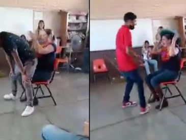 Dos alumnos le bailaron a la maestra. Las imágenes causaron indignación entre los padres de familia. SUN