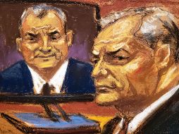 Reproducción fotográfica de un dibujo realizado por la artista Jane Rosenberg donde aparece el exsecretario de Seguridad mexicano, Genaro García Luna, sentado frente a una pantalla con su imagen. EFE / J. Rosenberg