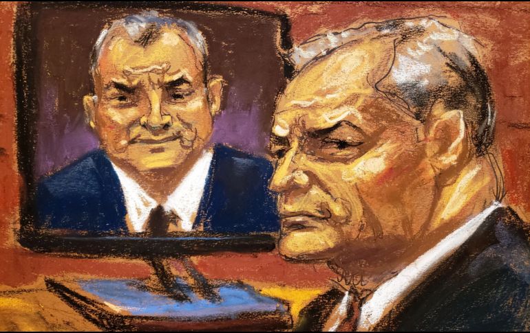 Reproducción fotográfica de un dibujo realizado por la artista Jane Rosenberg donde aparece el exsecretario de Seguridad mexicano, Genaro García Luna, sentado frente a una pantalla con su imagen. EFE / J. Rosenberg