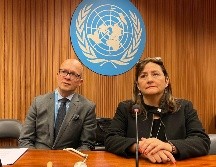 Los juristas Jan Simon y Angela Buitrago, miembros del Grupo de Expertos Independientes de la ONU sobre Derechos Humanos en Nicaragua, durante su comparecencia en Ginebra. EFE/J. González