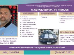 Sergio Borja Castillo fue visto por última vez en Piedras Negras, Coahuila, el pasado 15 de abril . ESPECIAL