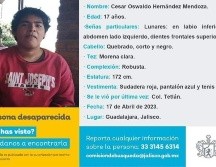 César Oswaldo mide 1.85 metros, la última vez que se le vio llevaba una sudadera roja con letras blancas, pantalón de mezclilla azul oscuro y tenis negros. ESPECIAL