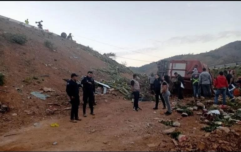 Elementos de la Unidad de Protección Civil y Bomberos del municipio encontraron un camión de tres toneladas volcado en un barranco. ESPECIAL/ Protección Civil Compostela