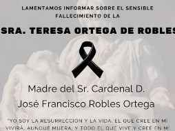 Comunicado oficial confirmando el deceso de la madre del cardenal. ESPECIAL