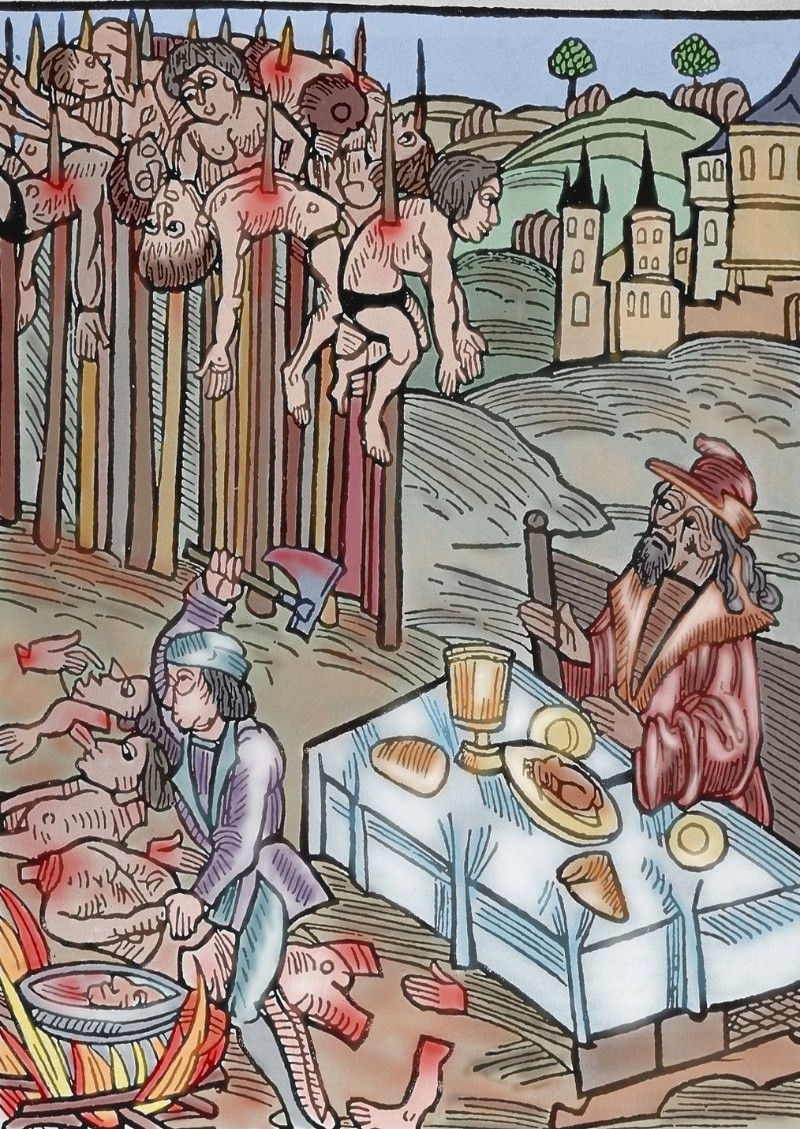 Vlad el Empalador almorzando mientras observa a sus victimas, en grabado germanico de 1560 coloreado.