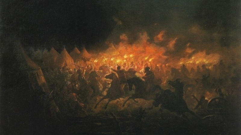 El ataque nocturno en Targovite, una batalla librada entre las fuerzas de Vlad el Empalador y el sultan Mehmed II en 1462, pintada por pintura de Theodor Aman.