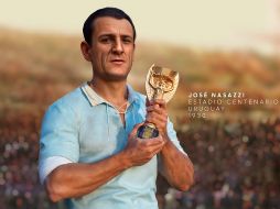 El capitán de la selección uruguaya de futbol en 1930, José Nasazzi, con la Copa del Mundo, en una imagen generada por inteligencia artificial. EFE/Museo Histórico Nacional de Uruguay