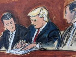 Durante la sesión no se permitieron dispositivos electrónicos; aquí un dibujo de la comparecencia de Donald Trump en la Corte de Miami, ayer. AP/E. Williams