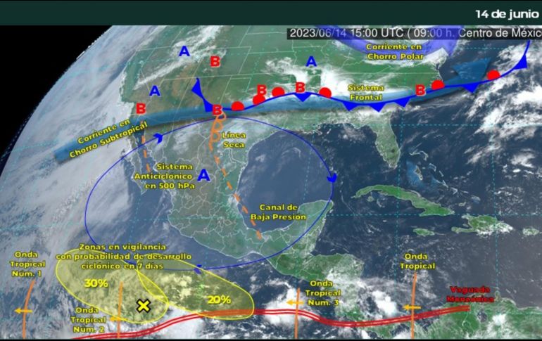 Aunque las zonas de inestabilidad están frente a las costas de México con potencial de desarrollo ciclónico, no afectan, de momento, costas nacionales. ESPECIAL / Conagua