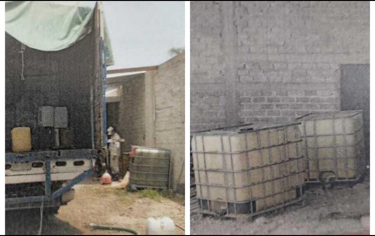 Encontrados dos kilos de marihuana, un tracto camión adaptado con una cisterna hechiza con 13 mil litros de petrolífero y 1 bidón con 18 litros de hidrocarburo. ESPECIAL / FGR Jalisco