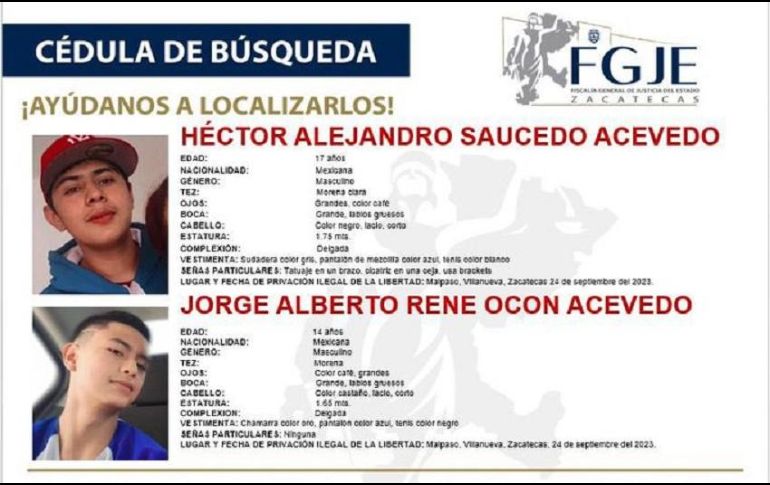 La Fiscalía de Zacatecas ha emitido las cédulas de búsqueda y se encuentra realizando las averiguaciones correspondientes. TWITTER/ @FiscaliaZac