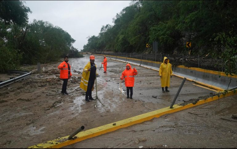 Trabajadores limpian una carretera bloqueada tras el paso del huracán 