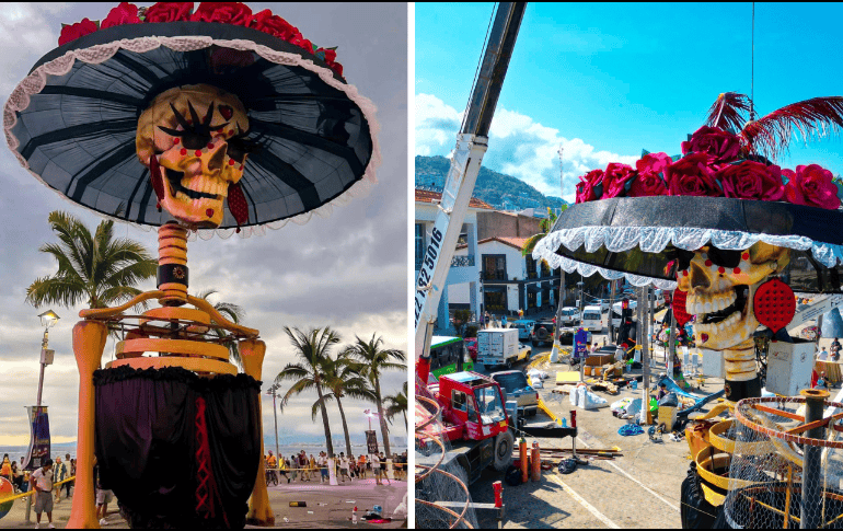 Ya comenzaron los trabajos para que la catrina más grande del mundo se exhiba en el malecón de Puerto Vallarta.  ESPECIAL/ @Jaliscomisamores, @Instituto Vallartense de Cultura.