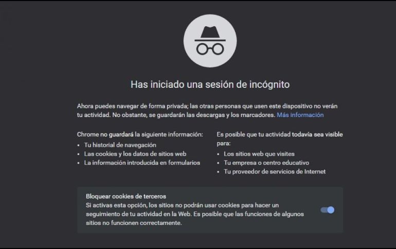 El modo incógnito de Google. ESPECIAL/ Google