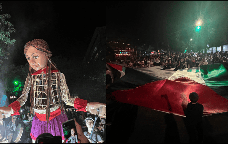 Durante la visita de Amala a Guadalajara, los manifestantes exigieron el cese al fuego inmediato y ayuda humanitaria urgente, especialmente a hospitales. EL INFORMADOR/ A. Navarro.