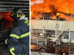 De acuerdo con la secretaria del SGIRPC, el material que se está quemando son zapatillas deportivas de goma lo que vuelve más difícil la tarea de sofocar el incendio. ESPECIAL/ X.