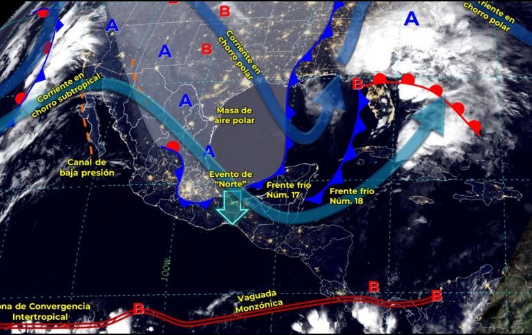 El frente frío 18 ya se encuentra aproximándose al 17. ESPECIAL/ 